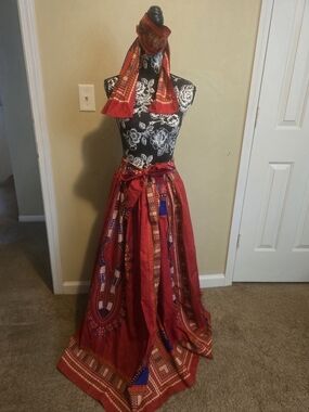 Red Printed Full-Length A-Line Skirt with Coordinating Scarf